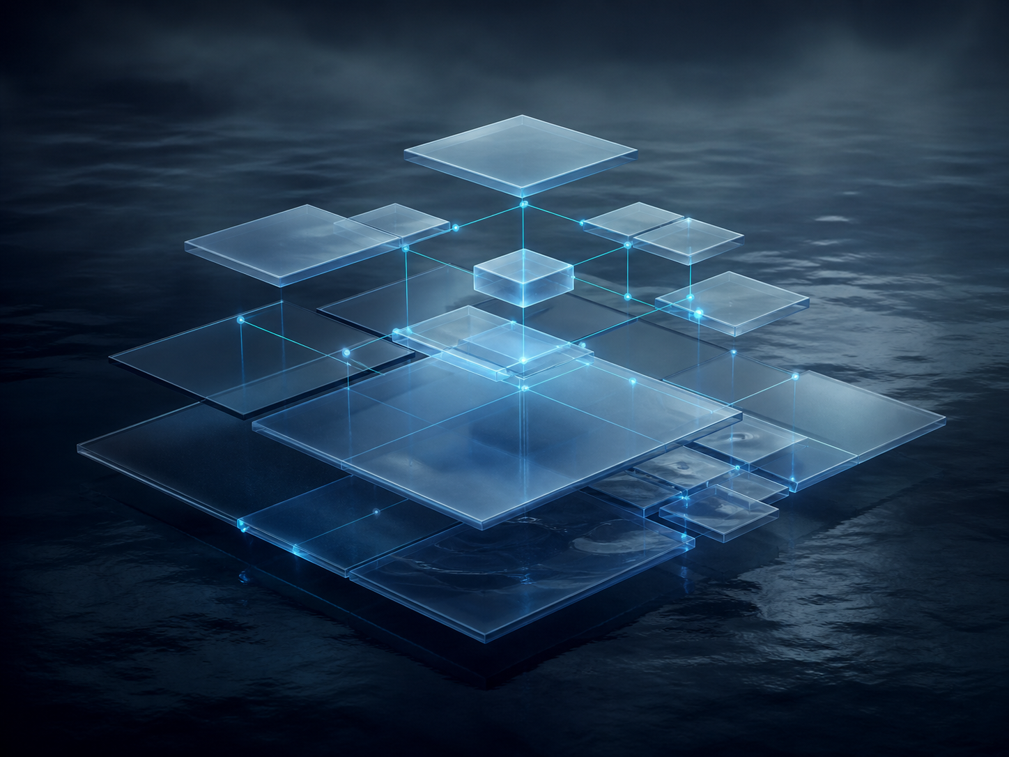 Abstract modular cloud platform layers connected by luminous paths