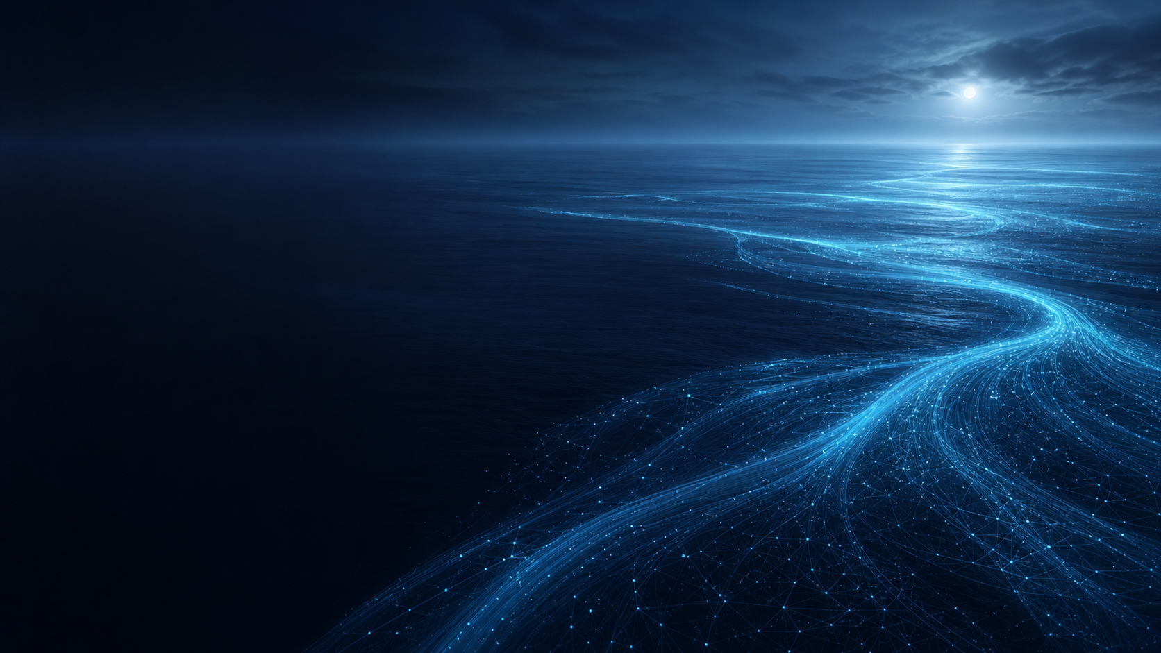 Abstract ocean currents illuminated by blue data flows
