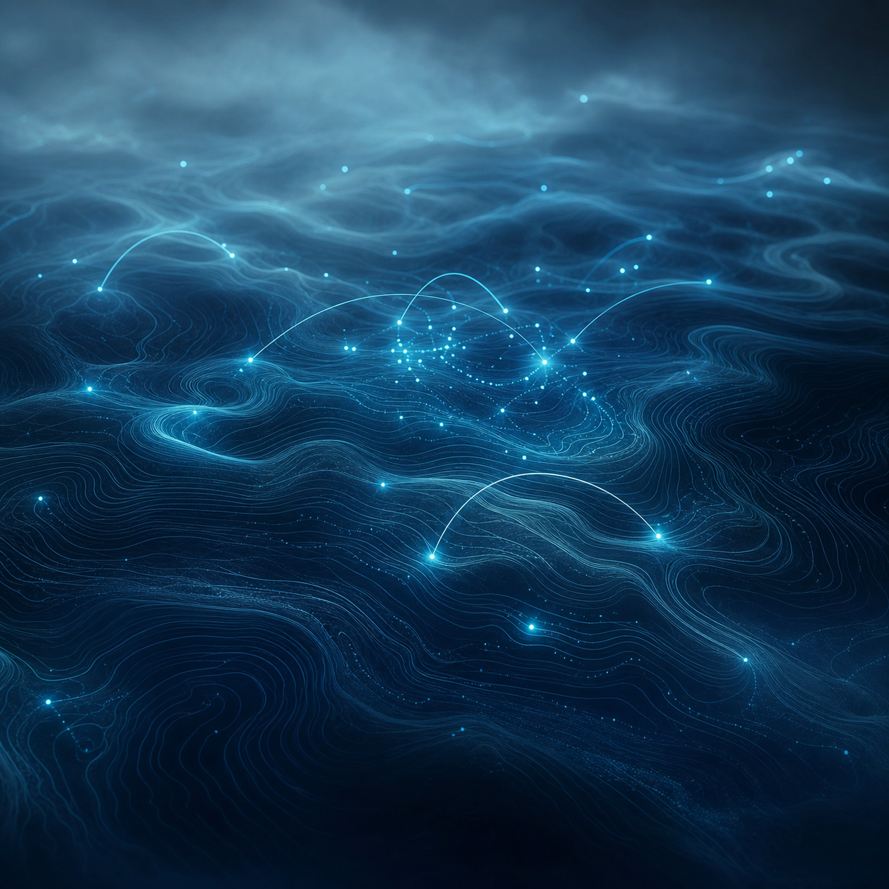 Abstract data signals floating through layered blue contours